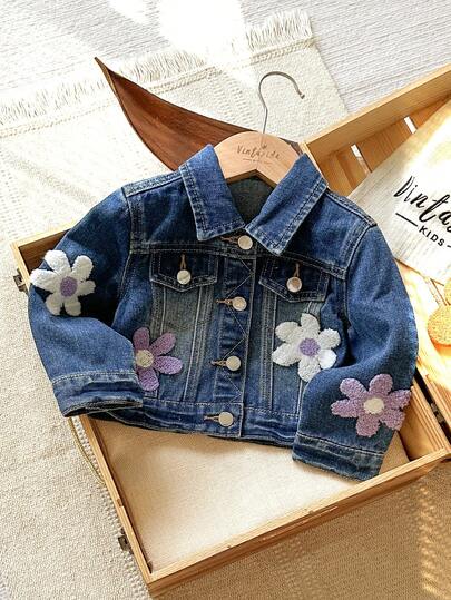 Baby Girls Denim Jacket, Deep Blue Denim Single Item, Cute Outdoor Casual Comfortable Minimalist Heavy Embroidery, Soft Cotton Fabric, White Flower & Light Purple Flower Embroidery, Loose Fit, Suitable For Home, Outings, Vacation, Travel, Wardrobe Essential, Gatherings, Daily Wear, New Arrival For Autumn