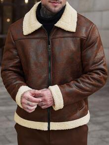 Manfinity CasualCool 2025男士秋冬户外夹克，撞色领拉链长袖夹克，秋冬款，2025仿麂皮夹克，保暖内衬夹克 - 咖啡棕 - 查看 4