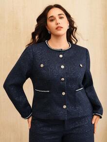 Anewsta Plus Size Women's Autumn Elegant Formal French Classic Retro Tweed Jacket,Round Neck Sequins Tassel Pearl Ribbon Metal Decor Waist Cinched Outerwear - Navy Blue - View 6