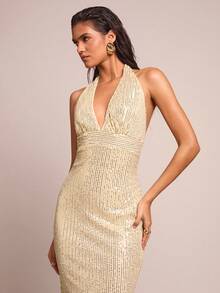 SHEIN Glamour Women's Solid Color Sequin Deep V Glamorous Fashion Halter Dress - Gold - View 4