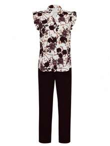 SHEIN Clasi Bộ 2 áo ren họa tiết hoa và quần đen cho nữ (có thắt lưng trang trí) - Màu đỏ tím - Xem 4