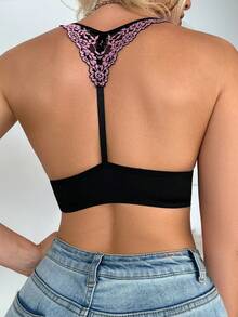 1pc Two-Tone Lace Halter Backless Front Closure Underwire Bra - Multicolor - View 2