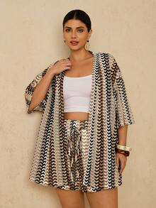 Travachic Bộ đồ len 2 món họa tiết sọc xanh trắng cỡ lớn cho nữ, kỳ nghỉ hè - Nhiều màu - Xem 7