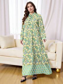 SHEIN Najma 大码女式花卉植物印花撞色纽扣领长袖连衣裙 - 彩色 - 查看 4