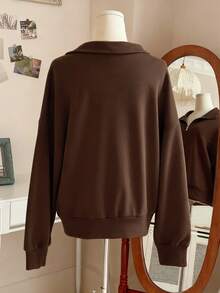Lalippa Women's Loose Solid Half Zip Thermal Lining Sweatshirt - Coffee Brown - View 2