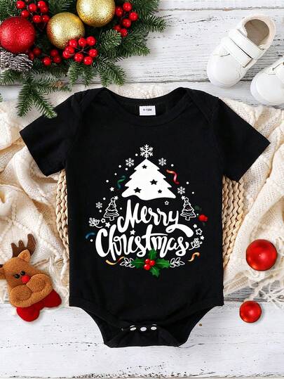 Pelele de Navidad para bebé niño, moda minimalista con estampados navideños lindos y divertidos de copos de nieve, árbol de Navidad, flores y letras, de manga corta, adecuado para Navidad, Feliz Navidad