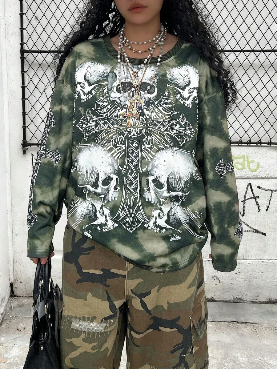 Rovax T-shirt à manches longues col rond avec imprimé tête de mort et léopard, style décontracté oversize. Automne - Vert - Voir 1