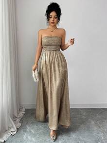 SHEIN Elenzya 女士优雅金箔正式礼服，派对无肩带长裙，秋冬款 - 金色 - 查看 3