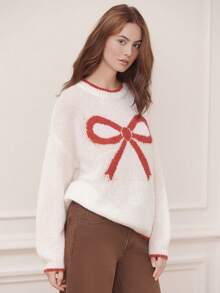 lacRébo Cosy Oversized Jumper With Red Bow Front Detail Cute Spring Summer  New Year White Sweater - Red and White - View 6