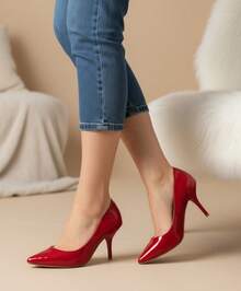 Zapatillas de tacón, tacón de aguja, charol, punta cerrada, elegantes, básicas, plantilla acolchonada, cómodas, zapatos de vestir, moda femenina, clásicos, formales - Rojo - Ver 2