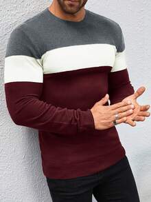 Manfinity Mode 男士撞色拼接圆领长袖简约休闲毛衣，秋冬款 - 酒紅色 - 查看 5