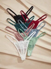 Charlaine 7pcs/Pack Women's Solid Color Bow Decor Sexy Lace Low-Rise Thong Panties - Multicolor - View 3