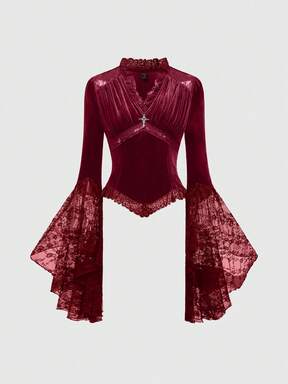 Gothic Vintage Palace Ruffled Waist Fitted Lace Patchwork V-Neck Flare Sleeve Women Blouse