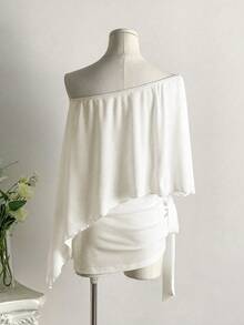 SHEIN Unity 2 pièces Ensemble Top à col asymétrique de couleur unie et jupe plissée pour femmes - Nude - Voir 2