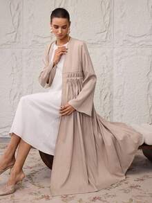 Al Najma Women's Elegant Pearl Pleated Open Front Abaya - Khaki - View 2