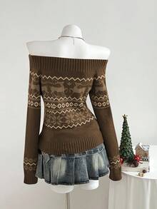 Elamini 1pc Women's Burgundy Christmas Sweater, Minimalist Off Shoulder Ribbed Deer & Snowflake Pattern Knit Casual Pullover, Autumn/Winter - Brown - View 2