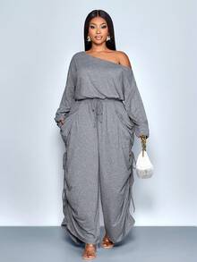 SOLERSUN Bộ jumpsuit nữ cỡ lớn màu trơn mới, cổ áo bất đối xứng, tay dài, ống rộng, kiểu dáng thời trang và đa năng với túi lớn, phù hợp cho các bữa tiệc, buổi hòa nhạc, phong cách mới năm 2026, thời trang đường phố, trang phục hàng ngày. - Xám - Xem 4