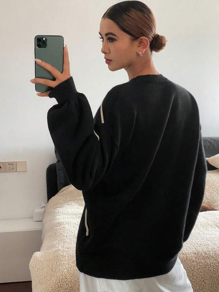 Women's Floral Pattern Round Neck Drop Shoulder Long Sleeve Casual Loose Sweater, Autumn/Winter