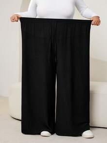SHEIN CURVE+ 大码女式黑色口袋抽绳腰带休闲宽松阔腿裤碎花裤，女式秋季服装 - 黑色 - 查看 5