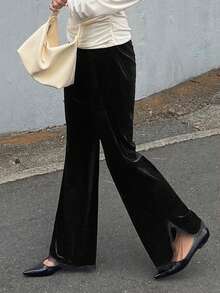 FRIFUL Women's Solid Velvet Straight Leg Pants With Slit Hem, Sheer Lace Panel, Slim Fit, Versatile, Autumn/Winter - Black - View 4