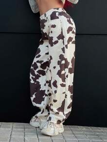 Bearsaez Women's Cow Pattern Jeans Banana Pants Y2K Wide-Leg Pants Comfortable Elastic Waist With Pockets Summer Casual Wear