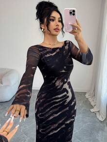 Modelyn Animal Print Leopard Pattern Boat Neck Cinched Waist Long Sleeve Mesh Dress, Autumn - Multicolor - View 4