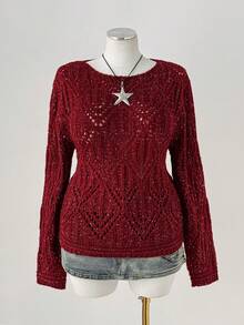 Sunspun Damen Pullover in Große Größen mit Crew-Ausschnitt und perforiertem rotem Punktemuster, geeignet für Weihnachtsoutfits, perfektes Urlaubsgeschenk, passend für alle Jahreszeiten, für den Arbeitsweg, Innen- und Außenbereich, Frühling, Sommer, Herbst, Winter