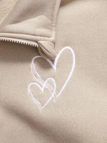 SHEIN Tween Girl Casual Outfit, Stand Collar Half-Zip Heart Embroidered Pullover Sweatshirt And Relaxed Straight Leg Pants Set, Khaki, Suitable For Everyday Wear, Christmas, Thanksgiving, Girls, Shirt And Pants Set, Casual Two Piece Set, - Khaki - View 4