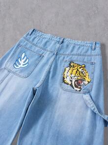 Manfinity Denimwave Men's Casual Washed Tiger Print Distressed Straight Leg Jeans Blue Baggy Jeans Men - Light Wash - View 4