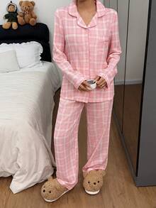 Pink Plaid Lapel Collar Top & Pants Pajama Set, Winter Clothes