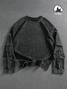 PAVTROS Áo thun nam cổ tròn, rộng rãi, 2 trong 1, thời trang đường phố, thêu chữ thập, trễ vai, giặt tay, mùa xuân/thu, áo thun cotton nam, áo thun cotton nam, trang phục mùa đông nam, quà tặng hoàn hảo cho bạn trai, thời trang đường phố, áo thun grunge cho trường học và Halloween, áo thun dài tay, áo thun tay ngắn cho nam - màu đen - Xem 1