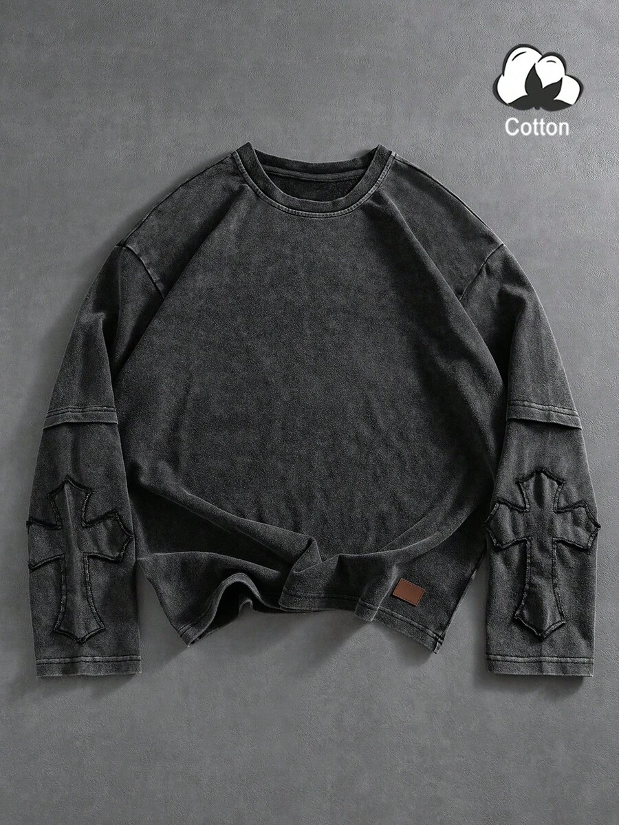 PAVTROS Áo thun nam cổ tròn, rộng rãi, 2 trong 1, thời trang đường phố, thêu chữ thập, trễ vai, giặt tay, mùa xuân/thu, áo thun cotton nam, áo thun cotton nam, trang phục mùa đông nam, quà tặng hoàn hảo cho bạn trai, thời trang đường phố, áo thun grunge cho trường học và Halloween, áo thun dài tay, áo thun tay ngắn cho nam - màu đen - Xem 1