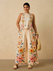 Travachic Bộ đồ 2 món họa tiết hoa nhiệt đới thanh lịch lãng mạn cỡ lớn, cổ yếm hở vai + quần ống rộng có túi, dành cho nữ, phong cách đảo nghỉ dưỡng đầu xuân - Màu vàng ngỗng - Xem 4