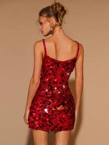 COSMINA 女士方领开衩吊带连衣裙，魅力派对礼服，鸡尾酒会礼服，晚宴礼服，红色亮片连衣裙，约会礼服，圣诞派对礼服，圣诞节礼服，新年礼服，情人节礼服，迷你连衣裙 - 紅色 - 查看 2