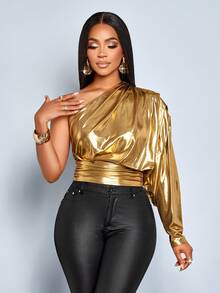 SOLERSUN "Áo sơ mi dài tay xếp ly một bên vai dành cho nữ, áo dài tay, thích hợp mặc dự tiệc, lễ hội âm nhạc" - Vàng - Xem 3