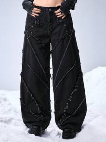ROMWE EDITION Jeans de mujer con cintura acampanada y talle bajo desgastados - Negro - Ver 4