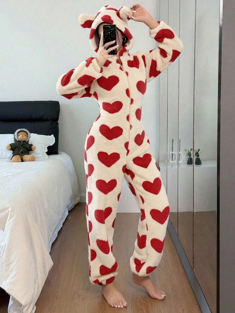 SHEIN Bộ đồ ngủ trùm đầu họa tiết trái tim jacquard trang trí tai cho nữ - Màu be - Xem 1