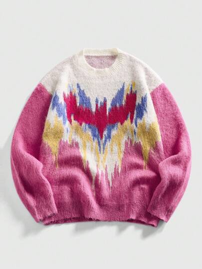 Men's Colorful Patchwork Crew Neck Long Sleeve Casual Sweater, Autumn/Winter