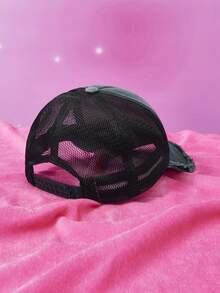 THE POWERPUFF GIRLS X SHEIN 1pc Cartoon Blossom Pattern Distressed Vintage Baseball Cap, Patchwork Warm Foam Hat, Streetwear Hip Hop Style Cap, Suitable For Daily Commute And Street Wear For Men And Women - Black - View 4