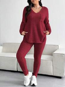 Vionelle Conjunto de top y pantalones de talla grande con textura y rayas en cuello en V - Burdeos - Ver 8