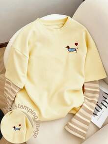 Resyla 女士休闲条纹拼接二合一T恤，秋季款 - 鵝黃色 - 查看 1