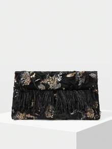 MOTF PREMIUM LADIES ELEGANT FLORAL PATTERN BEAD MATERIAL CLUTCH BAG ENVELOPE BAG WITH ARTIFICIAL FEATHER DECORATION,VALENTINES DAY - Black gold - View 2