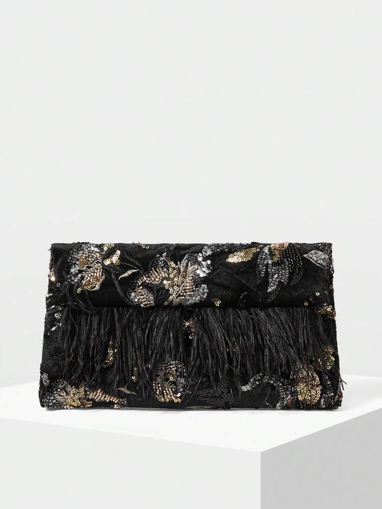 LADIES ELEGANT FLORAL PATTERN BEAD MATERIAL CLUTCH BAG ENVELOPE BAG WITH ARTIFICIAL FEATHER DECORATION,VALENTINES DAY