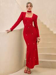 CLARA VERO Vestito elegante da festa a maniche lunghe, scollo quadrato, decorato con strass