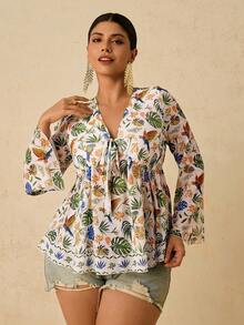 SHEIN VCAY ملابس علوية نسائية كبيرة الحجم بطبعة المحيط، كم طويل، رقبة على شكل حرف V، ربطة خصر، قصة A-line، ملابس علوية مناسبة للعطلات والأجواء الاستوائية والشاطئ، موضة المنتجعات والطراز البوهيمي الأنيق للمقاسات الكبيرة - متعدد الألوان - مشاهدة 5