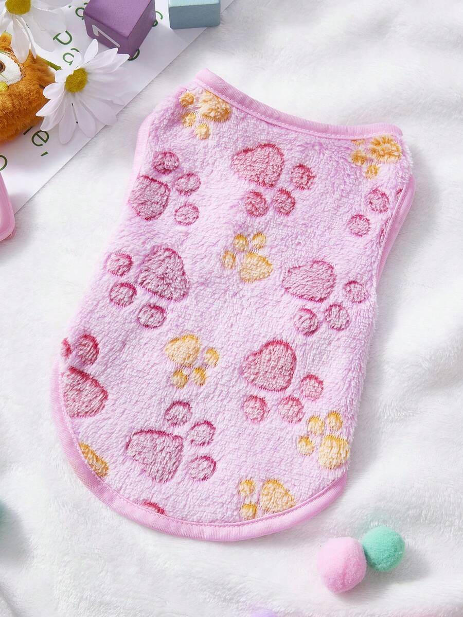 PETSIN 1pc Rose Red Foot Print Pet Tank Top Pink Autumn/Winter Thick Flannel Warm Pet Clothes - Pink - View 1