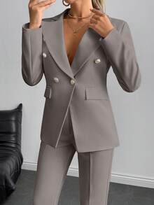 EURMUSE 女士简约商务纯色翻领双排扣西装外套和裤子 - 淺灰色 - 查看 5