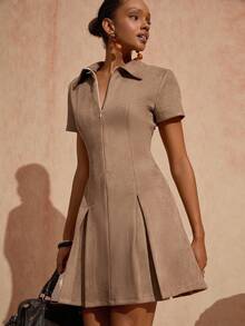 Bóhologie Solid Color, Front Zipper, Suede Fabric, Polo Color, Mini Dress - Camel - View 6