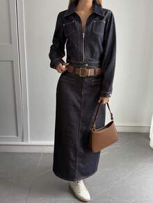 Livesso Women's Casual Denim Suit - Collared Top And Straight Skirt, Autumn/Winter - Blue - View 4