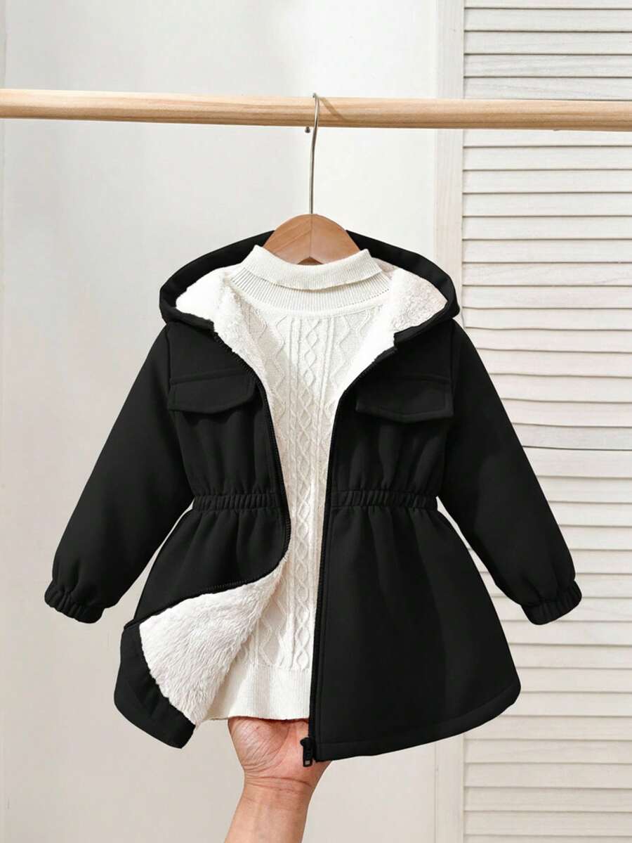 معطف أنيق من الفليس ذو قلنسوة من الكوردروي الأسود للبنات الصغيرات، للخريف والشتاء - الأسود - مشاهدة 1